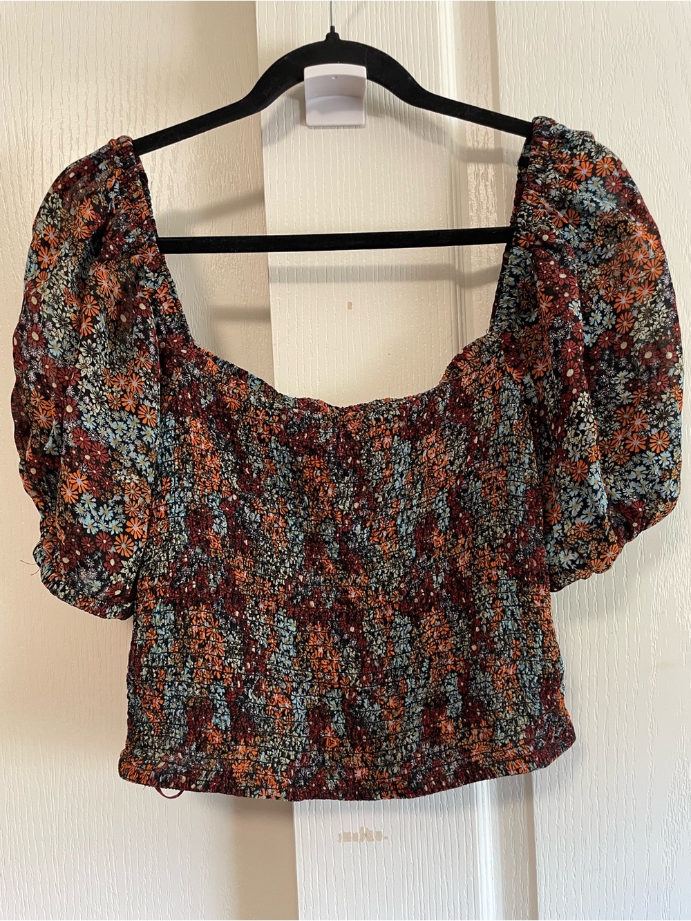 American Eagle Outfitters Smocked Floral Puff-Sleeve Crop Top - Rust & Blue